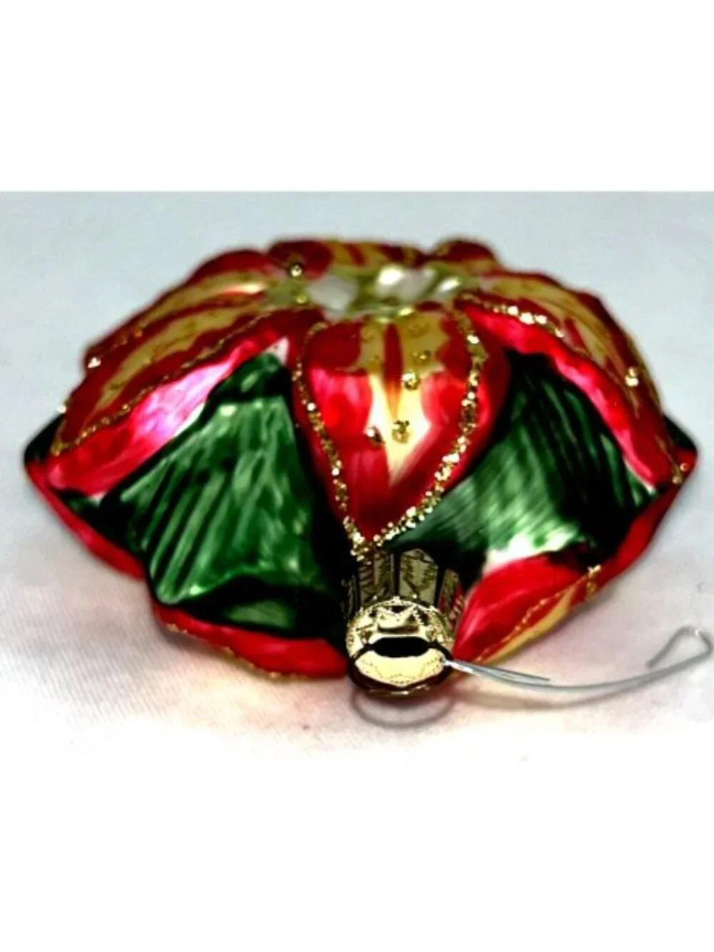 Hawaii Ornament Poinsettia Red Green Blown Glass Handcrafted Double Sided 4.75